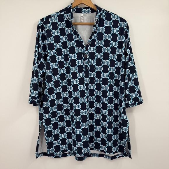 Lulu Bebe Tops - Lulu B Tunic Top Womens XL Blue Tropical UPF Nylon Navy Stretch